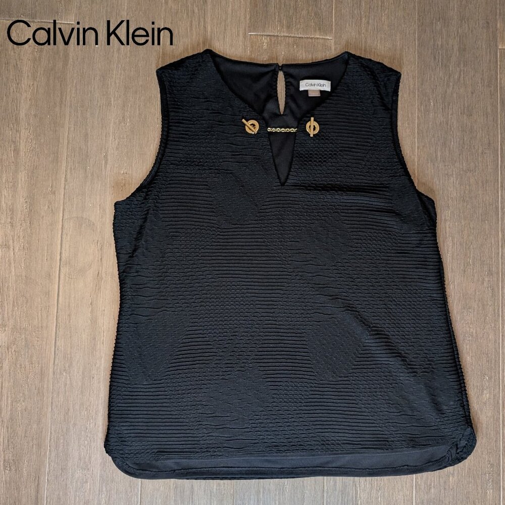 Calvin Klein, Textured Tank Blouse, Gold Chain Clasp, Black, Sz XL